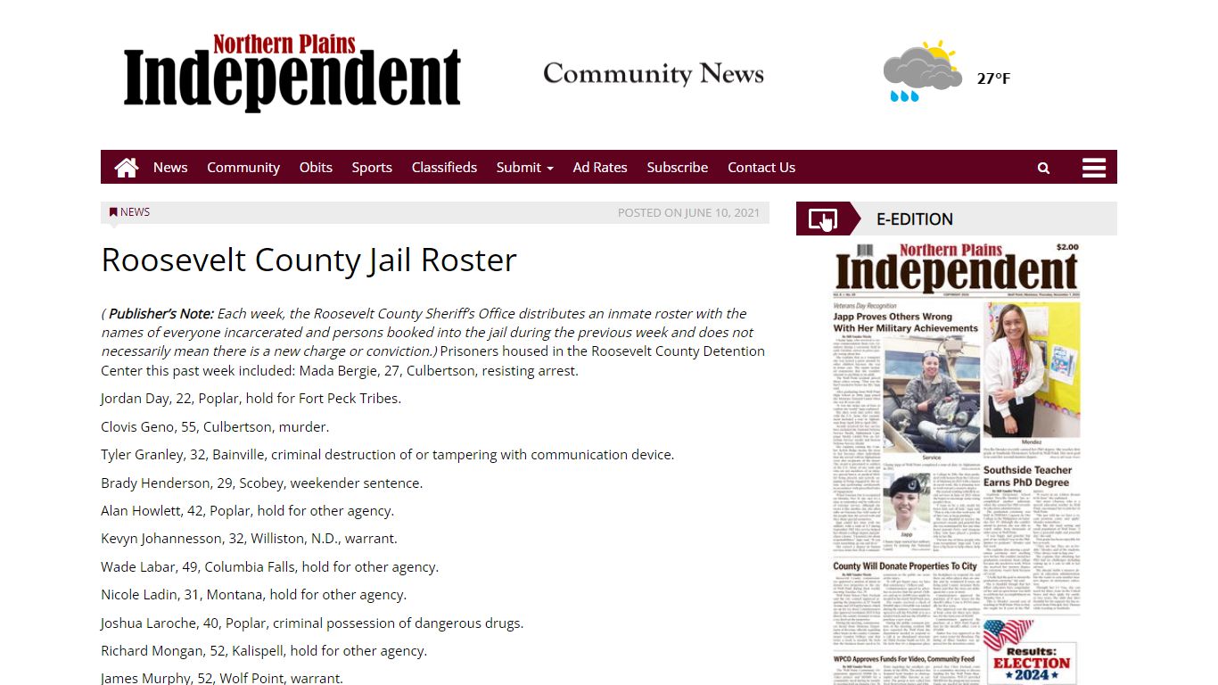 Roosevelt County Jail Roster - Northern Plains Independent